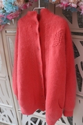 橙红色大板型单排扣开衫手工葡萄，立体刺绣带兜兜毛衣外套兔毛