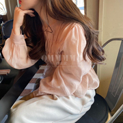 韩版裸粉色时尚超仙女，上衣2024春夏季温柔压褶泡泡袖网红衬衫
