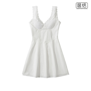 法式花边镂空白色带胸垫吊带，连衣裙女夏季收腰显瘦a字裙