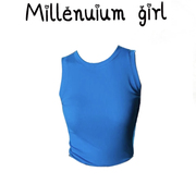 蓝色无袖针织背心上衣女夏设计(夏设计)感小众小个子，修身短款冰丝正肩t恤