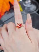 红色枫叶戒指开口可调节设计感网红百搭指环，2022时尚个性配饰