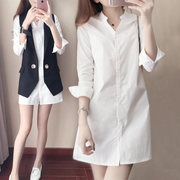 批 发春季女装韩版修身学生打底长袖衬衣V领纯色中长款白衬衫