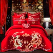 婚庆四件套大红色龙凤刺绣，结婚绣花喜庆被床单，六八件新婚床上用品