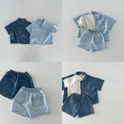男女童小宝宝牛仔短袖开衫衬衫+牛仔短裤两件套装婴幼儿夏季衣服