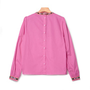 23年 复古民族风刺绣 粉色高级质感圆领纯棉长袖衬衫