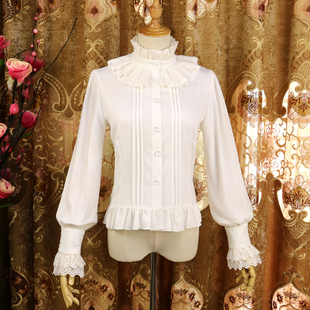 秋冬lolita洋装原创立领，荷叶边长袖，雪纺衬衫复古修身内搭衫