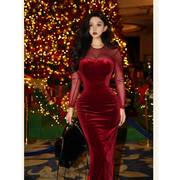 欧美风女秋冬圣诞新年宴会礼服高端精致超好看红色丝绒连衣裙