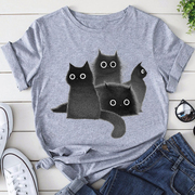 blackcatt-shirt卡通毛绒黑猫印花男女同款灰色短袖t恤学生上衣
