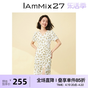 iammix27夏季v领连衣裙女短袖高腰，侧开衩显瘦碎花雪纺中长裙女薄