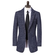 新韩版中青少年男装商务休闲大衣，加大码蓝色，修身毛呢西服外套613