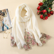 韩版白色蕾丝纯色羊毛围巾，长款秋冬季薄款旗袍披肩两用镂空刺绣花