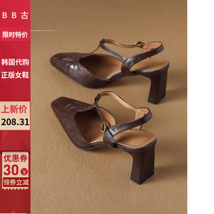 BB_古 真皮2024年韩国方头单鞋法式高跟包头凉鞋粗跟后跟时尚
