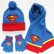 儿童超人帽子围巾手套男童，小孩针织毛线帽子，围脖套装秋冬户外保暖