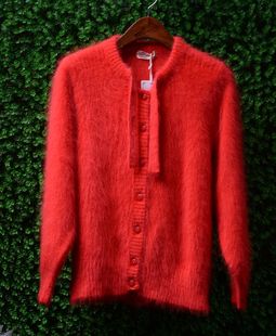 红色喜庆安哥拉超长兔毛，蝴蝶结开衫单排扣长袖外套，加厚毛衣女装