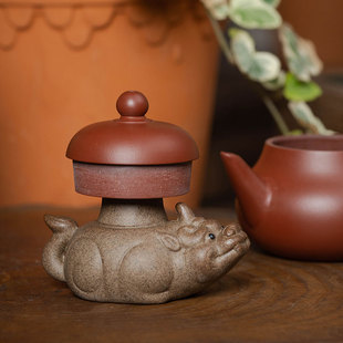 粗陶貔貅壶盖托 手工雕塑陶瓷盖置盖托功夫茶具配件茶宠摆件可养