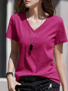 韩国玫紫色V领t恤女短袖夏季2024洋气宽松纯棉大码减龄上衣潮