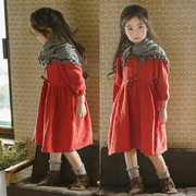 秋冬季童装女童韩版红色，长袖圆领双层纯棉连衣裙，中大儿童圣诞长裙