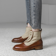 欧洲站女靴2023秋冬真皮，棕色复古粗跟马丁靴，圆头擦色手工短靴