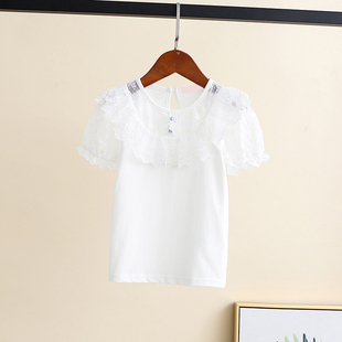 韩版童装夏女童(夏女童)纯棉蕾丝，镂空短袖t恤儿童薄款白色打底衫半袖体袖