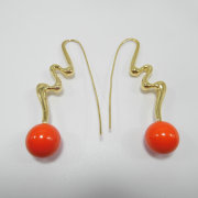 简约大气红球耳钉女欧美流行饰品，气质双珠长款夸张镀真金耳环