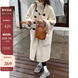 BingDaily牛角扣羊羔毛大衣女2023冬季韩版中长款加厚毛绒绒外套