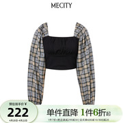 MECITY女士春季格纹衬衣时尚方领修身黑色衬衫女