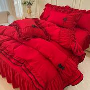 婚床简约现代摆件六件套床上用品被子被褥全套四件套红色系结婚