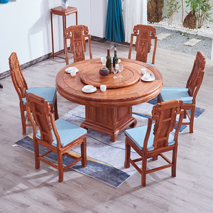 红木餐桌餐椅组合全刺猬紫檀圆形餐台转盘素面储物柜实木餐厅家具