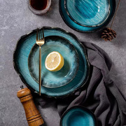 蓝染天空日本进口瓷器 手工釉下彩冰裂纹 碗碟盘钵家用餐具套装