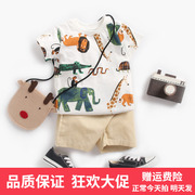婴儿衣服韩版童装男宝宝动物，印花短袖t恤+短裤，两件套夏季ins嬰兒