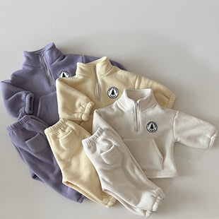 男女童冬装韩版半拉链卫衣，卫裤两件套宝宝加绒加厚摇粒绒运动套装