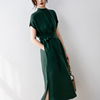 法式复古绿色高端天丝，铜氨丝连衣裙女夏气质立领，系带显瘦开叉长裙