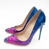 欧美紫色渐变色拼色铆钉细跟高跟鞋，尖头小码单鞋婚鞋大码12cm