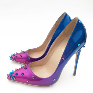 欧美紫色渐变色拼色铆钉，细跟高跟鞋尖头，小码单鞋婚鞋大码12cm