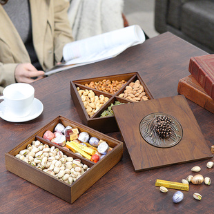 双层创意干果盘带盖木质糖果盒坚果瓜子盘客厅家用分格零食收纳盒