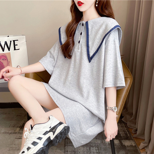 设计感小众短袖t恤女夏季韩版宽松大码女装中长款娃娃领上衣服潮