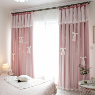 粉色镂空星星网红梦幻蕾丝公主，风窗帘双层全遮光儿童女孩卧室少女