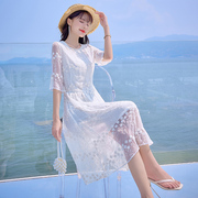 白色真丝连衣裙女中长款高端桑蚕丝刺绣气质裙子仙女沙滩长裙夏季