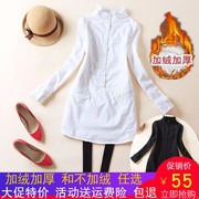 2020秋冬韩版花边立领白衬衫，女长袖修身中长款加绒衬衣打底衫