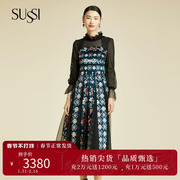 sussi古色冬季商场同款印花拼黑色，网纱立领泡泡袖连衣裙