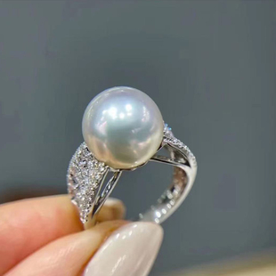 爱迪生珍珠戒指天然淡水，超大单颗大白媲美澳白925纯银12-13mm大气