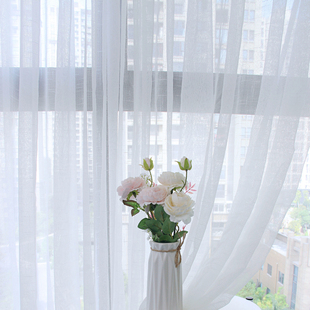 白色十字麻纱窗帘纱帘简约透光纯色白沙客厅飘窗阳台窗纱白纱布料