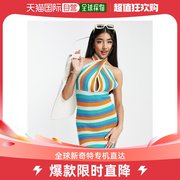 香港直邮潮奢asos女士，设计针织迷你交叉挂脖多彩条纹连衣裙