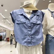 韩版复古时尚2024夏季个性气质坎肩POLO领小个子牛仔衬衫女
