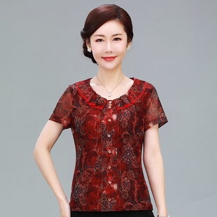 竹语声夏装短袖套头t恤衫 妈妈红色上衣台湾网纱女士中老年人