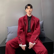 红色西装外套男士韩版潮流，宽松休闲个性小西服，春季复古上衣男潮
