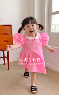 韩国童装2023夏季女童泡泡短袖连衣裙娃娃领波点公主裙L32