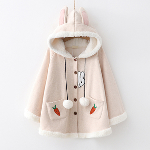 秋冬日系少女加厚加绒斗篷短外套可爱兔耳朵学生披风短款披肩