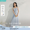 茵曼法式方领吊带连衣裙女2025年春季新款淡鹅黄色欧若风气质长裙