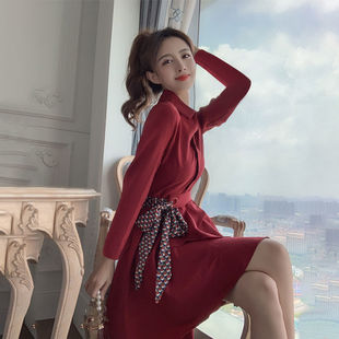 红色衬衫连衣裙春季2023年女神范收腰法式气质风长袖polo裙子